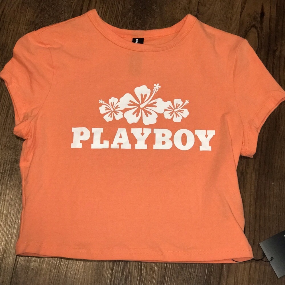 Brand new with tag Playboy creamsicle Coral Graphic Tee White Hibiscus Print